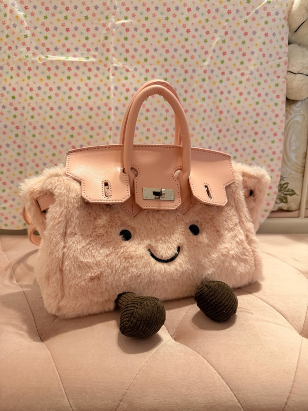 Jellycat ‘Furkin’ Plush Pink Faux Fur Cute Face Handbag